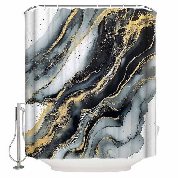Abstract Art Marble Texture Shower Curtain, 72" x 72", Gold Black Grey Gradient Modern Art Waterproof Bathroom Curtain Washable Shower Curtain Set with 12 Hooks