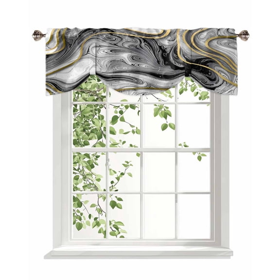 Abstract Art Marble Tie Up Valances Curtain, Adjustable Kitchen Gold Gray White Texture Simple Valances for Windows Decor, Rod Pocket Short Curtains Set for Bedroom/Bathroom, 42"x18"