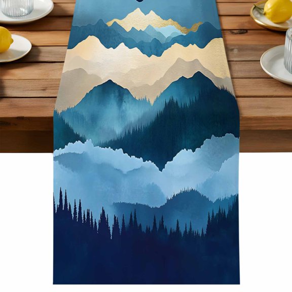 Abstract Art Night Sky Table Runner, Mountains Oil Painting Landscape Art Cotton Linen Table Cloth, Tablerunner for Kitchen Dining Party Wedding Home Decor 13x36 Inch