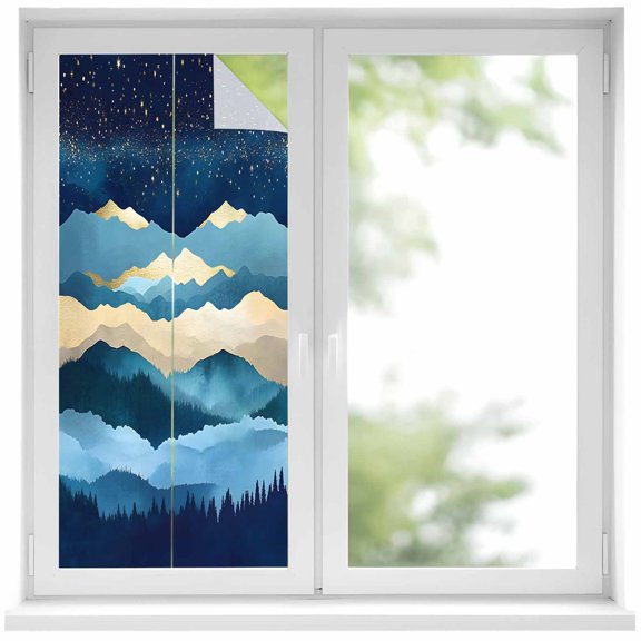 Abstract Art Night Sky Window Privacy Film 19.6x39.3in Mountains Oil Painting Landscape Art Decorative Window Film with Static Cling, UV Filtering Window Cling Privacy Film for Glass Doors