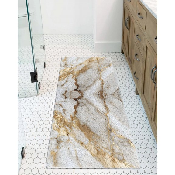 Abstract Art Non-Slip Bathtub Mat, White Marble Pattern Gold Crack Rock Texture PVC Bath Mat for Tub Quick Drying Shower Mats for Inside Shower, Foot Scrubber Loofah Bathroom Mats 47x16 Inches