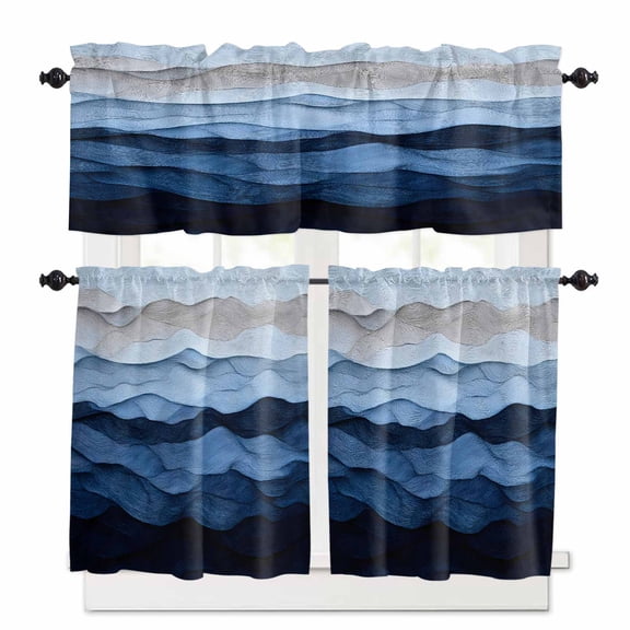 Abstract Art Ocean Kitchen Curtains and Valances Set, Gradient Blue Impressionist Style Rod Pocket Window Valance 18 Inch Window Curtain Panels for Living Room Bedroom Laundry, 27.5x24in, 3 Pieces