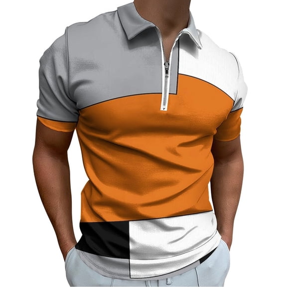 Abstract Art Orange Black Gray Splice Men Zipper T-shirt Summer Casual Short Sleeve T-shirt Top