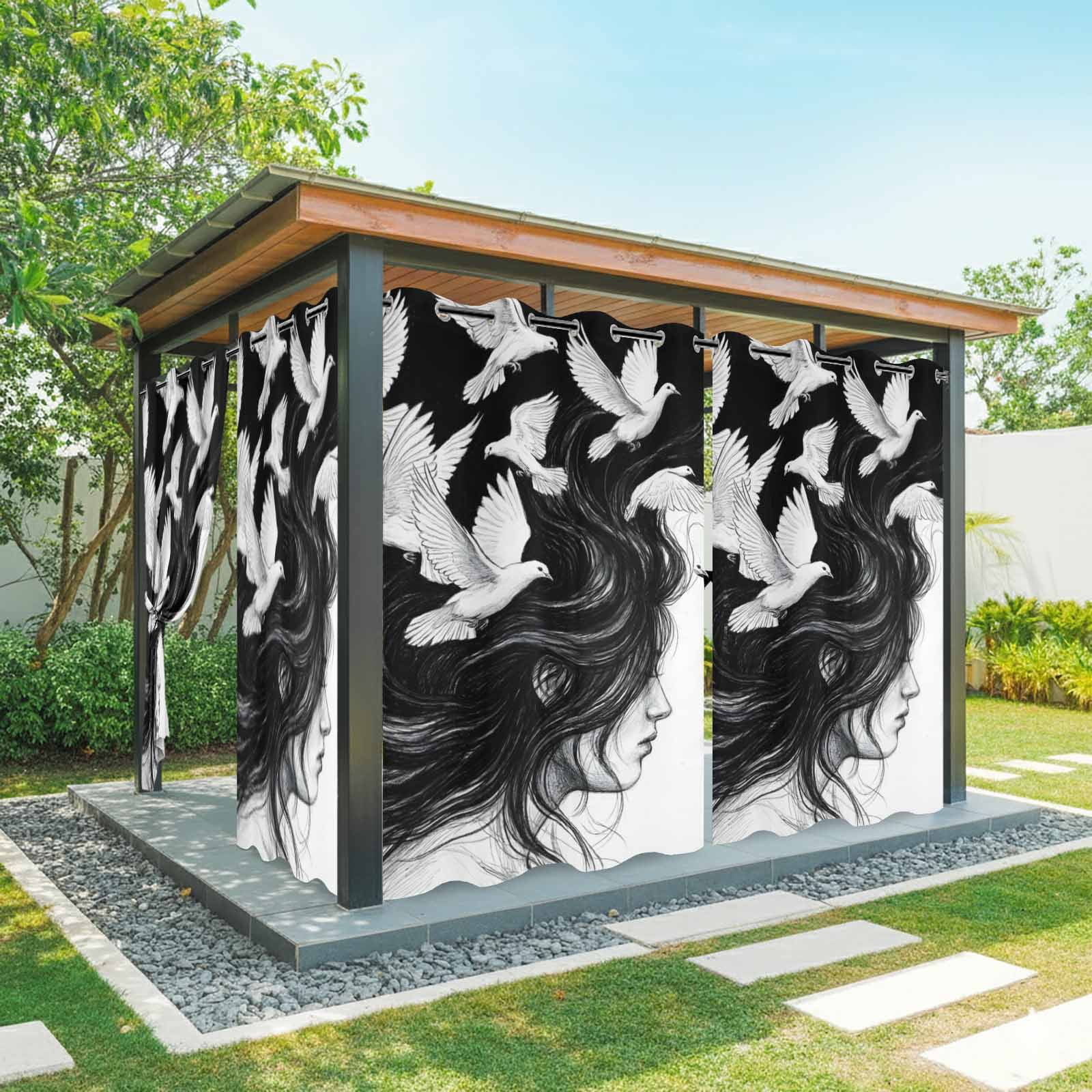 Abstract Art Outdoor Curtains for Patio, Black and White Pigeon Woman Profile Bohemian Sunshade Privacy Drapes Grommet Waterproof Outside Curtains for Porch/Cabana/Balcony 54"x 108", 1 Panel