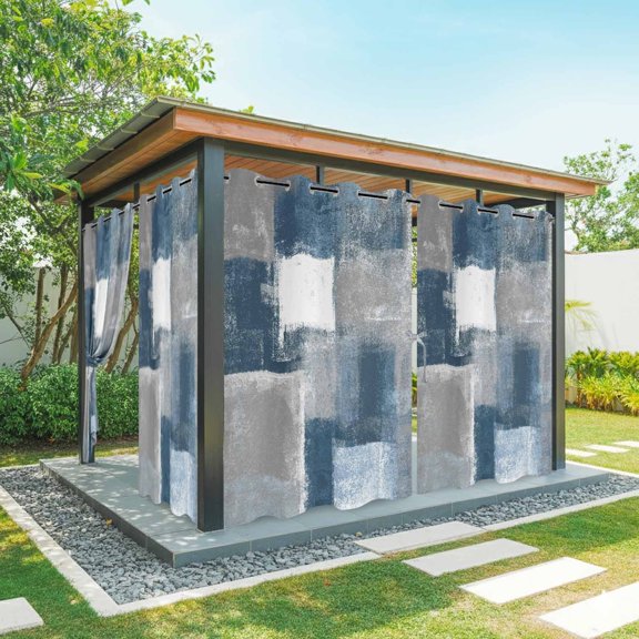 Abstract Art Outdoor Curtains for Patio, Navy Grey Smear Texture Graffiti Geometric Waterproof Outside Curtains Privacy Blackout Curtain for Porch Pergola Cabana, 1 Panel 54W x 84L Inch