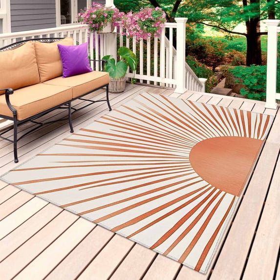 Abstract Art Outdoor Rug 5x7 Ft, Non Slip Washable Area Rug, Orange Lines Simple Retro Middle Century Patio Rugs Carpet Runner, Large Floor Mat for Indoor/Outdoor Deck Porch Camping