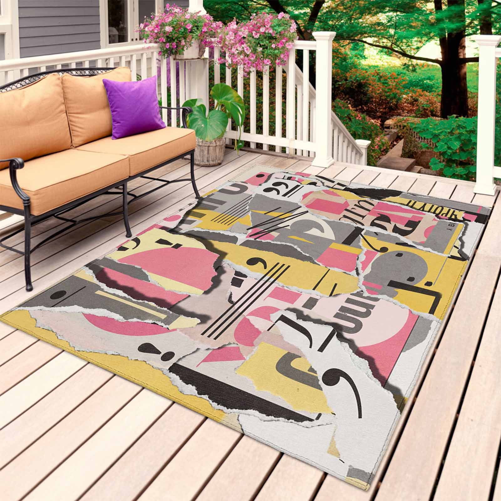 Abstract Art Outdoor Rug 5x7 Ft, Non Slip Washable Area Rug, Pink Yellow Collage Art Torn Paper Pieces Patio Rugs Carpet Runner, Large Floor Mat for Indoor/Outdoor Deck Porch Camping