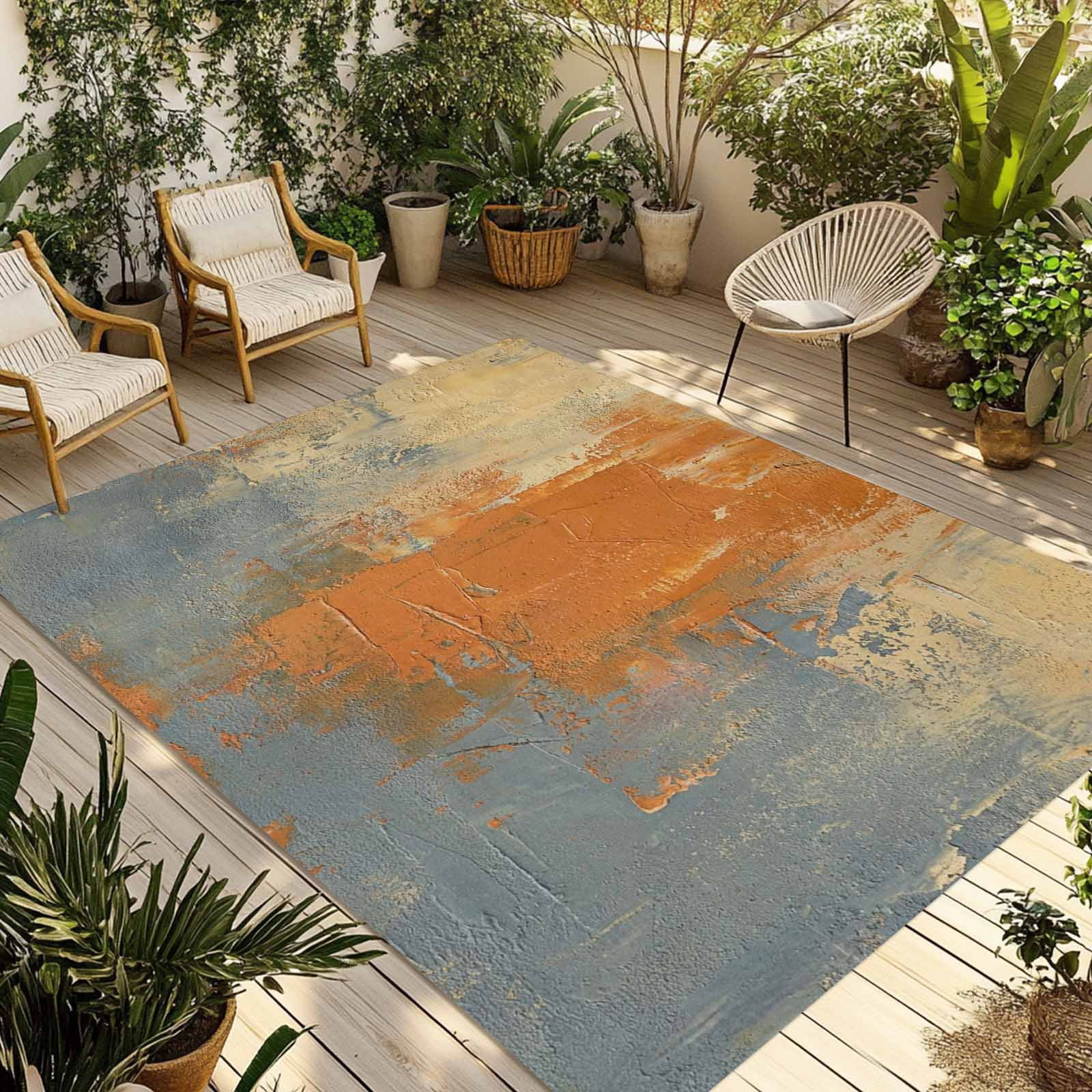 Abstract Art Outdoor Rug 5x8 ft Orange Grey Wall Mottled Texture ...