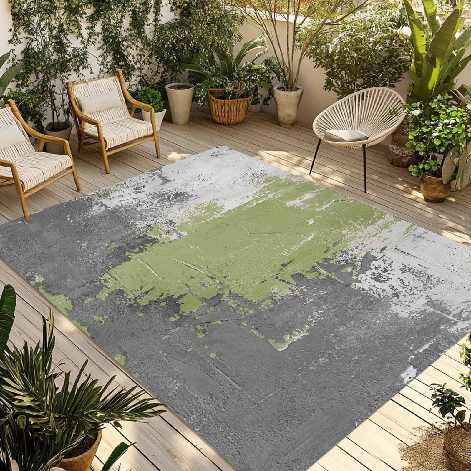 Abstract Art Outdoor Rug, Green Grey Wall Mottled Texture Minimalist ...