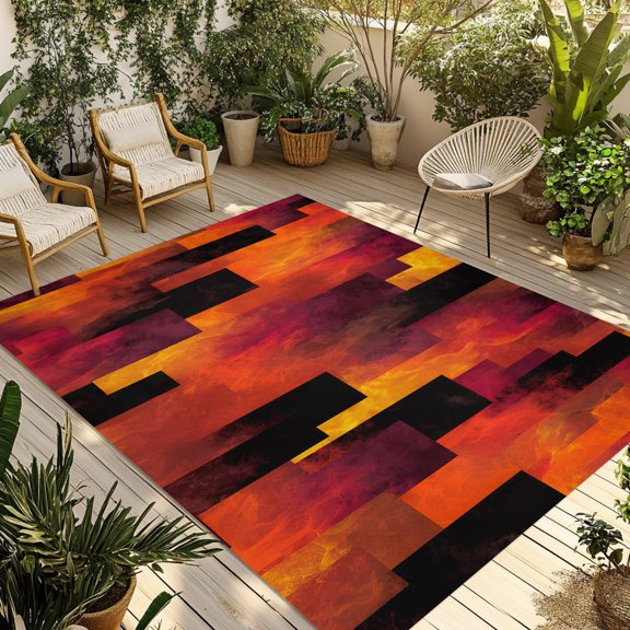 Abstract Art Outdoor Rug, Red Black Gradient Flames Vertical Blocks Modern Non-Slip Area Rugs Carpet Breathable Large Floor Mat for Outdoors Patio Porch Deck Beach 3’ x 5’