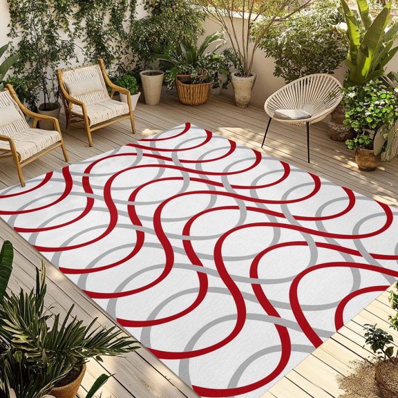 Abstract Art Outdoor Rug, Red Grey Twisted Lines Geometric Vintage Non-Slip Area Rugs Carpet Breathable Large Floor Mat for Outdoors Patio Porch Deck Beach 4’ x 6’