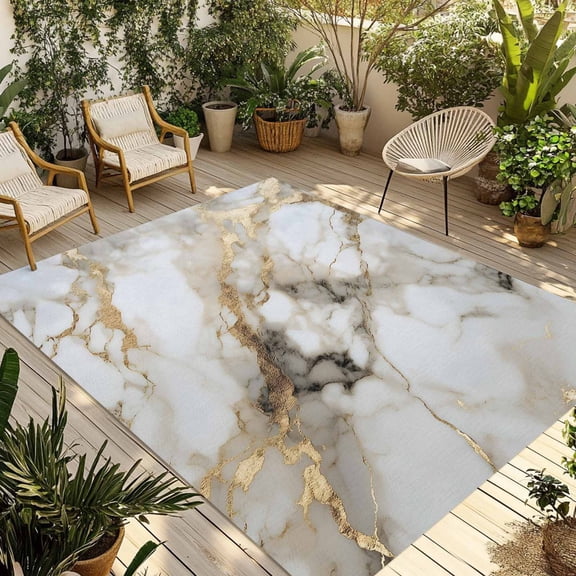 Abstract Art Outdoor Rug, White Marble Texture Gold Crack Stone Minimalism Non-Slip Area Rugs Carpet Breathable Large Floor Mat for Outdoors Patio Porch Deck Beach 3’ x 5’