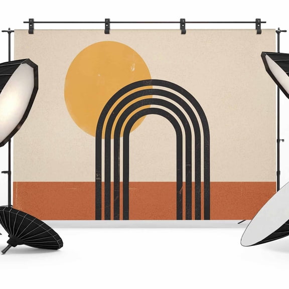 Abstract Art Photography Backdrop 7x5FT, Orange Black Circle Stripes Geometric Modern Photo Backdrops, Background for Photography Studio Photo Studio Background, Back Drop for Photoshoot