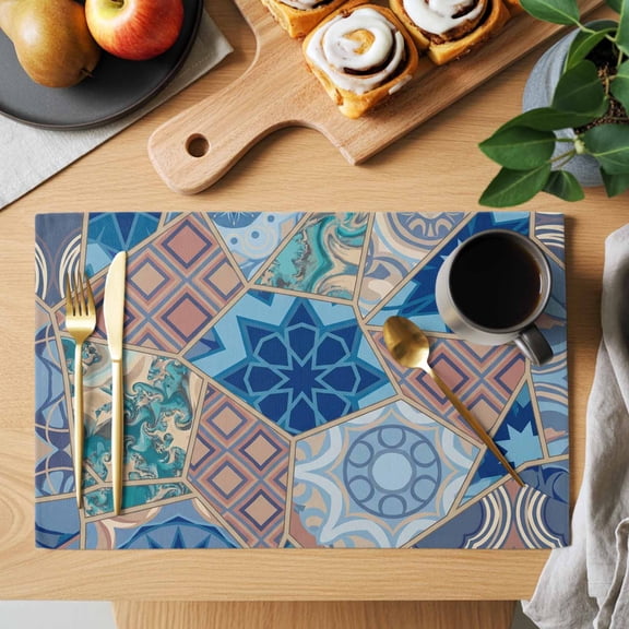 Abstract Art Placemats Set of 1, Orange Blue Geometric Flower Line Patchwork Heat Insulated Linen Place Mats, Washable Stain-Proof Table Mats for Dining Tables Holiday Decor 13x19 Inches