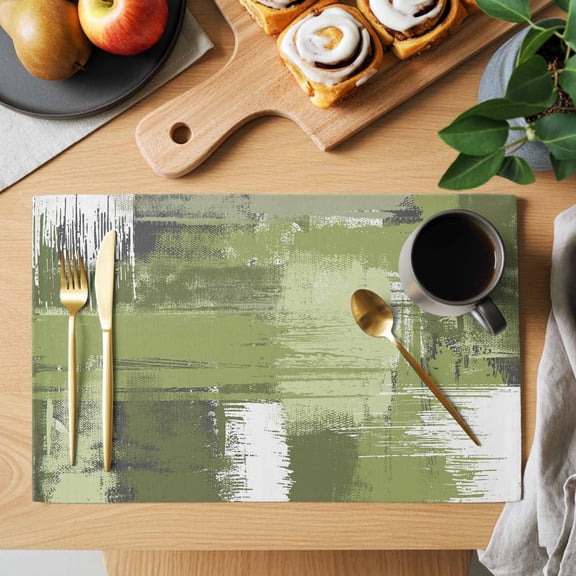 Abstract Art Placemats Set of 1, Sage Green Mottled Color Block Oil Painting Heat Insulated Linen Place Mats, Washable Stain-Proof Table Mats for Dining Tables Holiday Decor 13x19 Inches