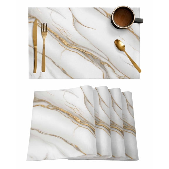 Abstract Art Placemats Set of 2 Vintage Gold White Marble Texture Heat Insulation Washable Place Mats, Rustic Non-Slip Table Mats for Dining Table Party Kitchen Decor,13x19 Inch
