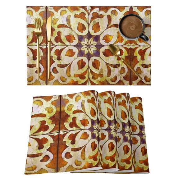 Abstract Art Placemats Set of 4, Bohemia Yellow Floral National Style Non-Slip Place Mats Washable Table Mats for Kitchen Dining Table Decorations Indoor/Outdoor