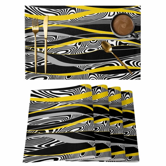 Abstract Art Placemats Set of 4 Yellow Black Gray Lines Psychedelic Gradient Heat Insulation Washable Place Mats, Rustic Non-Slip Table Mats for Dining Table Party Kitchen Decor,13x19 Inch