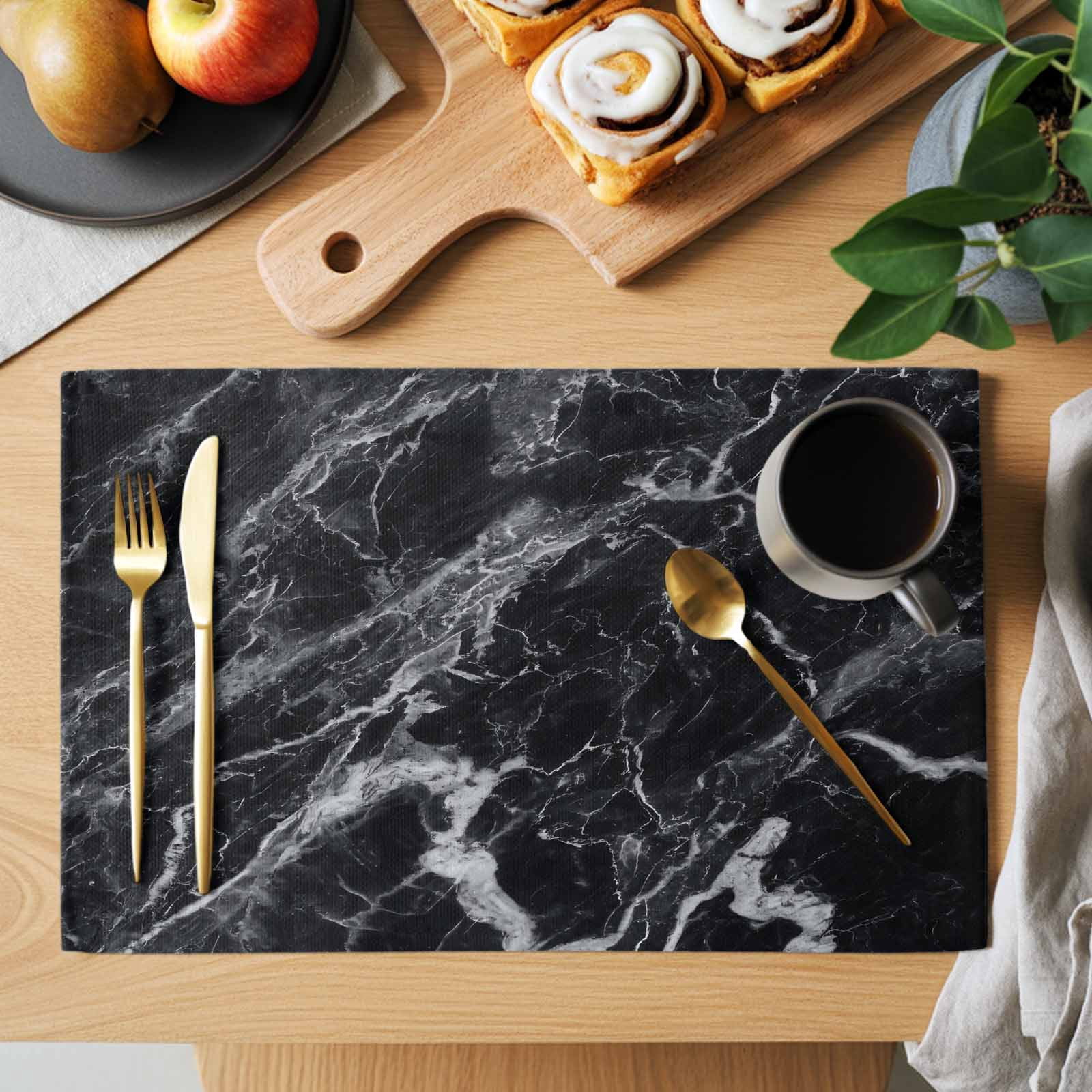 Abstract Art Placemats Set of 6, Dark Black Marble Texture Modern ...