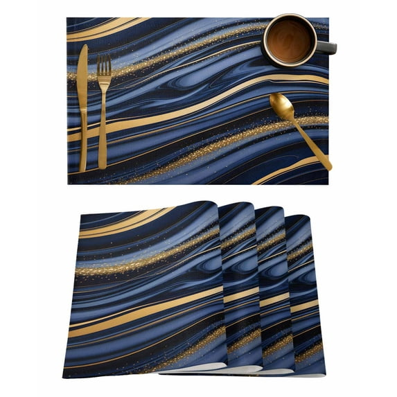 Abstract Art Placemats Set of 6 Retro Blue Gold Marble Texture Heat Insulation Washable Place Mats, Rustic Non-Slip Table Mats for Dining Table Party Kitchen Decor,13x19 Inch