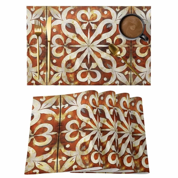 Abstract Art Placemats Set of 8, Bohemia Orange Floral National Style ...