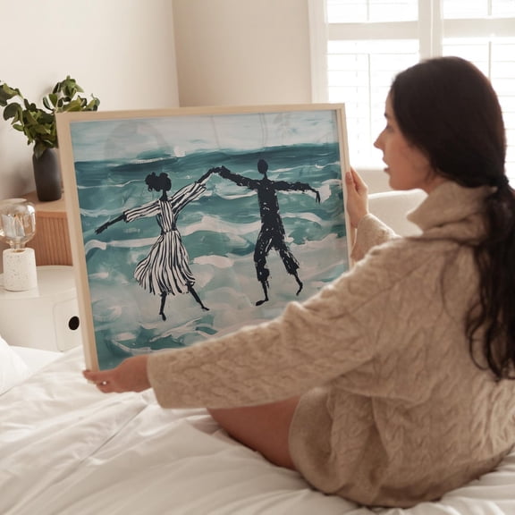 Abstract Art Print Of Two Silhouettes Dancing In Ocean Waves Striped Outfits Minimalist Contemporary Romantic Movement Artwork Wall Art, Modern Wall Decor, 8x12 UNFRAMED