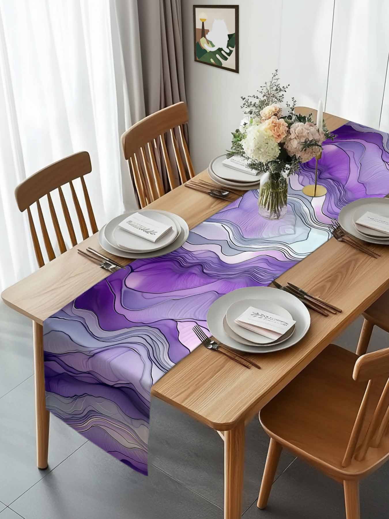 Abstract Art Purple Gray Wave Table Runner 90 Inches Long, Vintage Marble Texture Table Runners Tabletop Scarf Kitchen Dining Tables Decoration for Home Party Indoor Outdoor