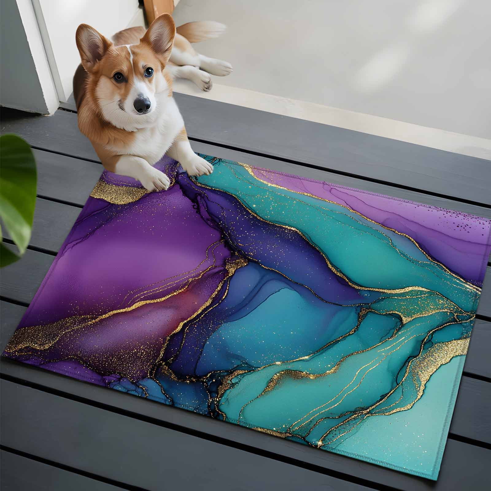 Abstract Art Purple Washable Area Rug 2x3 Blue Gold Marble Texture Low ...
