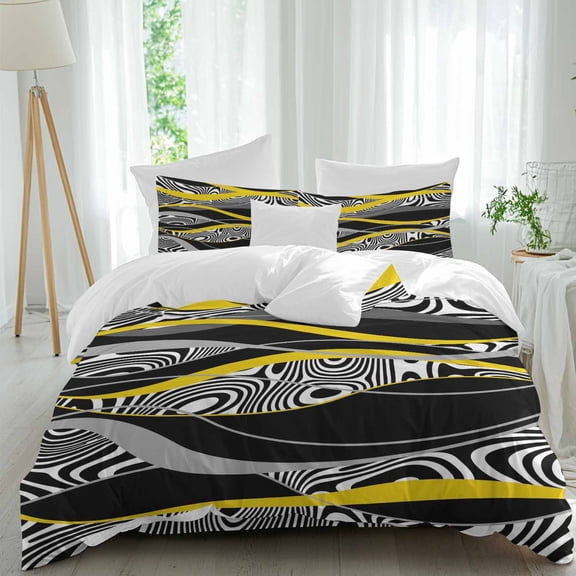 Abstract Art Queen Duvet Cover Set, Yellow Black Gray Lines Psychedelic Gradient 4 Piece Microfiber Bedding Set with Zipper Closure, Bed Sheet and 2 Pillow Shams, Soft Bedding Cover