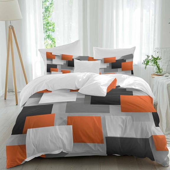 Abstract Art Queen Size Comforter Set, Orange Black Gray Geometric Gradient Bedding for All Seasons, 4 Pcs Bed Set, 1Quiltcover (90"x92") ,1Sheet(94"x116"), 2Pillowcases (30"x20")