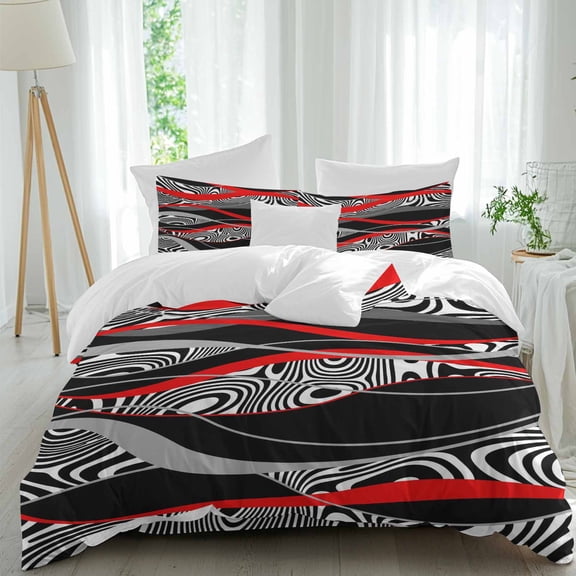 Abstract Art Queen Size Comforter Set, Red Black Gray Lines Psychedelic Gradient Bedding for All Seasons, 4 Pcs Bed Set, 1Quiltcover (90"x92") ,1Sheet(94"x116"), 2Pillowcases (30"x20")