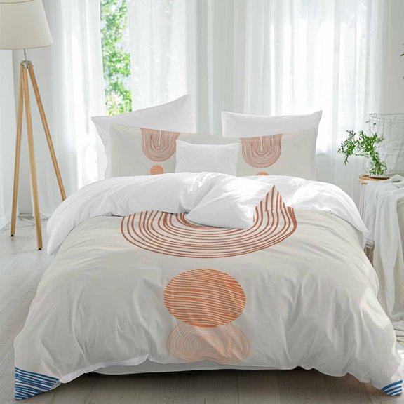 Abstract Art Queen Size Comforter Set, Sunset Orange Blue Line Modern Geometric Bedding for All Seasons, 4 Pcs Bed Set, 1Quiltcover (90"x92") ,1Sheet(94"x116"), 2Pillowcases (30"x20")