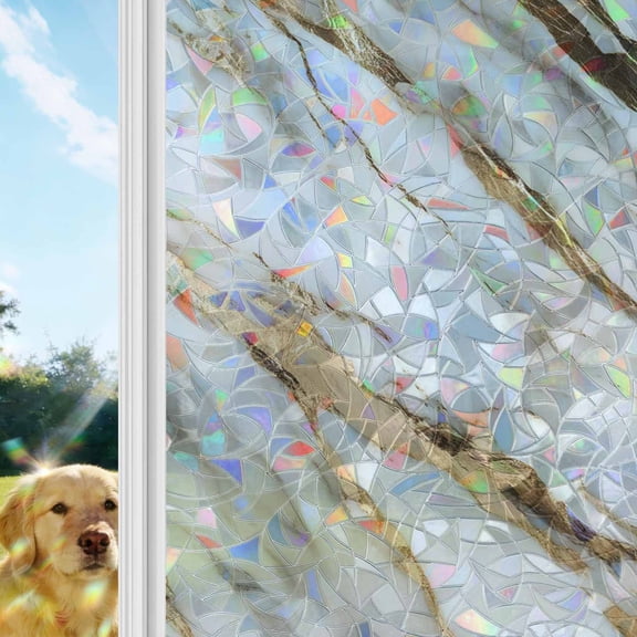 Abstract Art Rainbow Window Privacy Film, Marble Texture White Gold Crack Stone Minimalism Stained Glass Window Film, Sun Blocking Static Cling Non Adhesive Door Stickers 23.6 x 59 Inches