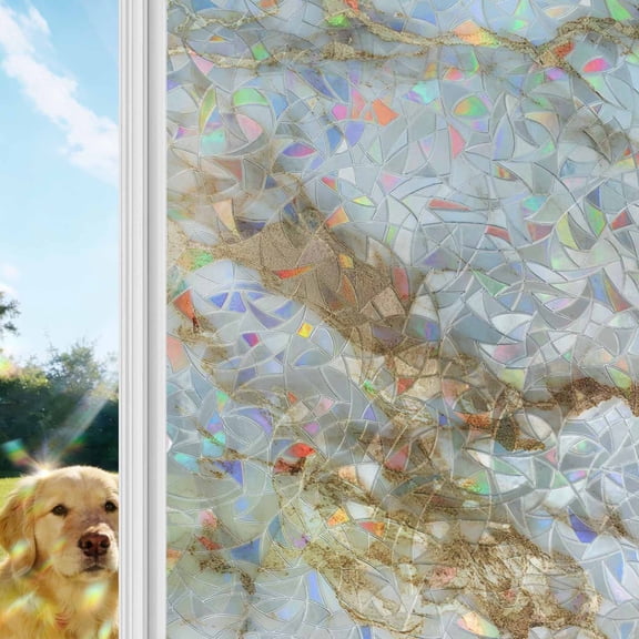 Abstract Art Rainbow Window Privacy Film, White Marble Pattern Gold Crack Rock Texture Stained Glass Window Film, Sun Blocking Glass Clings Static Cling Non Adhesive Door Stickers 19.6 x 39.3 Inches