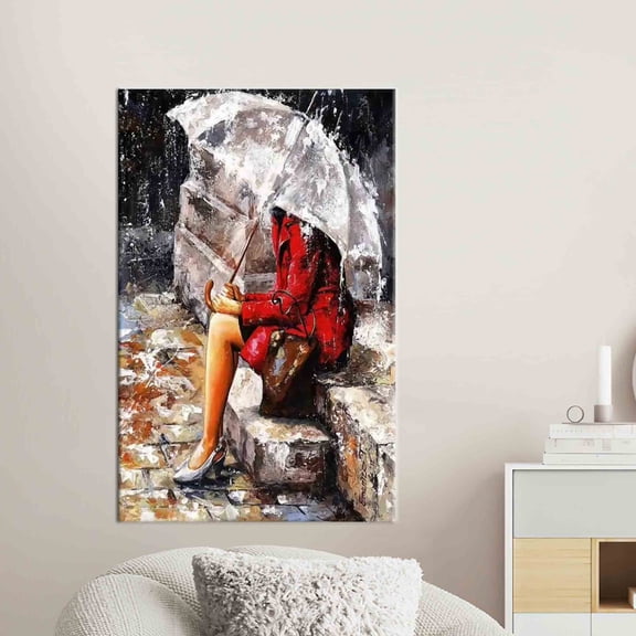 Abstract Art, Rainy Day Printed Canvas, Woman With Umbrella Wall Decor, Woman Sitting In The Rain, Abstract Woman Canvas, Modern Printed, Canvas Wall Decor - Gold Framed