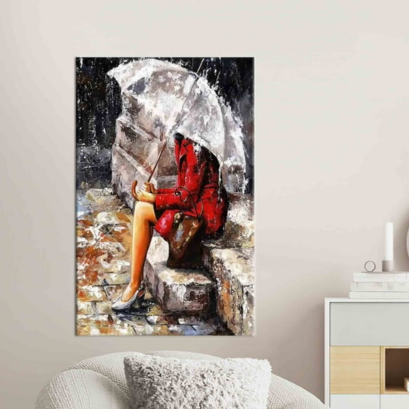 Abstract Art, Rainy Day Printed Canvas, Woman With Umbrella Wall Decor, Woman Sitting In The Rain, Abstract Woman Canvas, Modern Printed, Canvas Wall Decor - Rolled Canvas