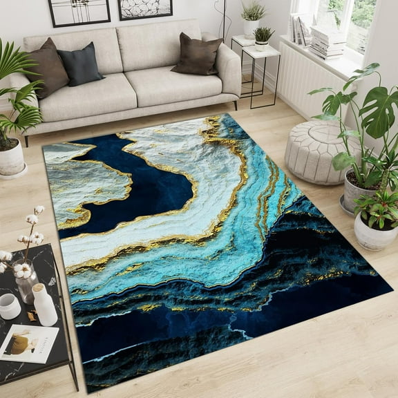 Abstract Art Rock Grain Fission Layering Area Rugs, Blue Green Marble Gold-Plated Gravel Design Carpet, Non Slip Durable, For Living Room, Bedroom, And Office Decoration 2x3ft