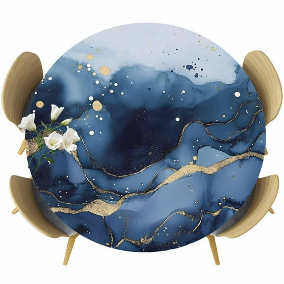 Abstract Art Round Fitted Table Cover Blue Grey Gradient Marble Texture Waterproof Table Cloth with Elastic Edge Wipeable Tablecloth for Picnic Camping Party Fits 36"-44" Diameter