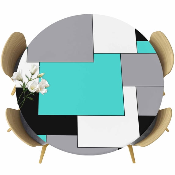 Abstract Art Round Fitted Table Cover Patchwork Black Kallaite and Grey Waterproof Table Cloth with Elastic Edge Wipeable Tablecloth for Picnic Camping Party Fits 45"-54" Diameter