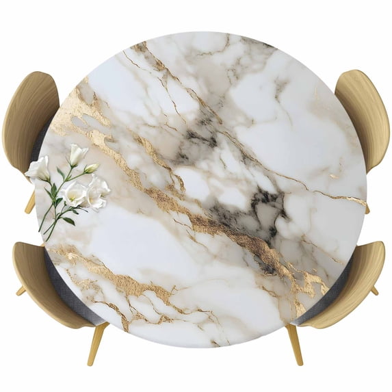 Abstract Art Round Fitted Table Cover White Marble Texture Gold Crack Stone Minimalism Waterproof Table Cloth with Elastic Edge Wipeable Tablecloth for Picnic Camping Party Fits 36"-44" Diameter
