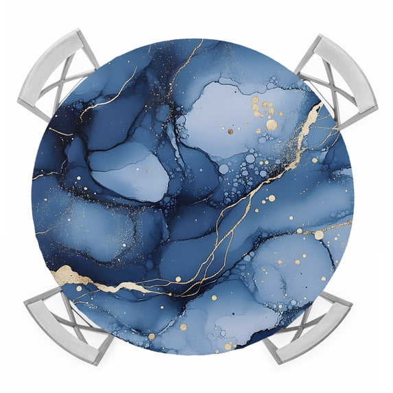 Abstract Art Round Fitted Tablecloth with Elastic Edge, Blue Gold ...
