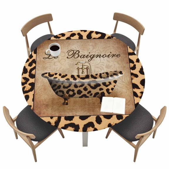 Abstract Art Round Fitted Tablecloth with Elastic Edge Leopard Bathtub Le Baignoire Brown Modern Table Cover Fit for 36"-44" Tables Waterproof Tablecloths for Dinner Camping Picnic