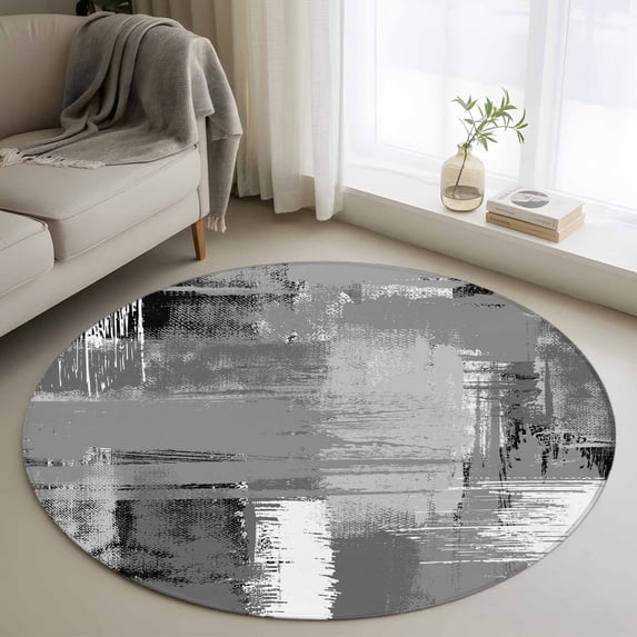 Abstract Art Round Living Room Rugs 4 ft, Gray White Mottled Color Block Oil Painting Washable Area Rug with Non-Slip Sturdy Edge Binding Round Carpet for Entryway Kitchen Bedroom Bathroom