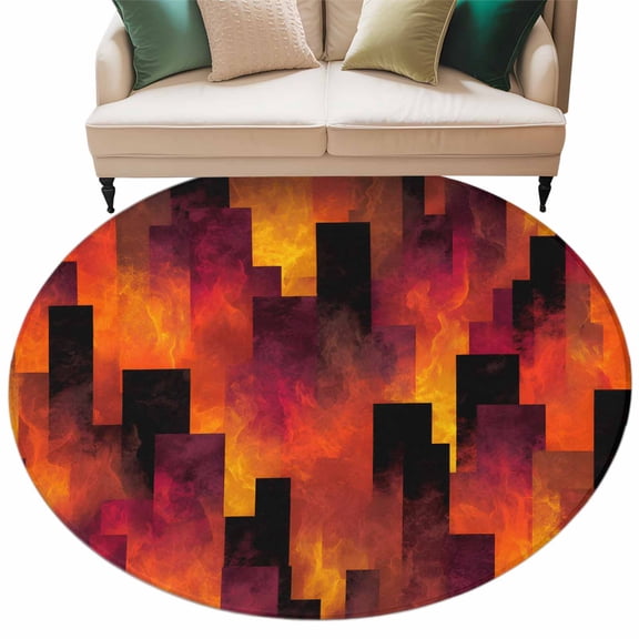 Abstract Art Round Living Room Rugs 6 ft, Red Black Gradient Flames Vertical Blocks Modern Washable Area Rug with Non-Slip Sturdy Edge Binding Round Carpet for Kitchen Office Bedroom