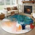 thumbnail image 1 of Abstract Art Round Living Room Rugs 8 ft, Turquoise Orange Paint Texture Gradient Retro Washable Large Area Rug with Non-Slip Sturdy Edge Binding Round Carpet for Dining Room Kitchen Office, 1 of 9