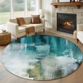 thumbnail image 1 of Abstract Art Round Living Room Rugs 8 ft, Turquoise White Paint Texture Gradient Retro Washable Large Area Rug with Non-Slip Sturdy Edge Binding Round Carpet for Dining Room Kitchen Office, 1 of 9
