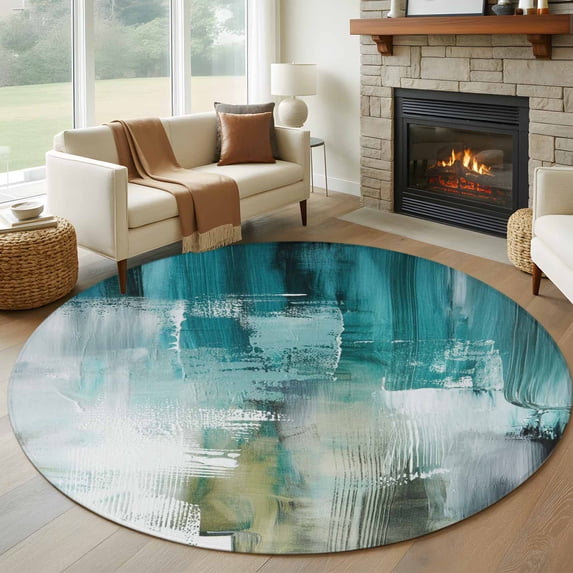 Abstract Art Round Living Room Rugs 8 ft, Turquoise White Paint Texture Gradient Retro Washable Large Area Rug with Non-Slip Sturdy Edge Binding Round Carpet for Dining Room Kitchen Office