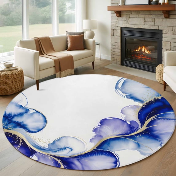 Abstract Art Round Living Room Rugs 8 ft, Watercolor Purple Water Wave Gradient Modern Washable Large Area Rug with Non-Slip Sturdy Edge Binding Round Carpet for Dining Room Kitchen Office
