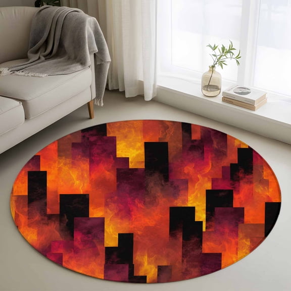 Abstract Art Round Rug 4Ft Red Black Gradient Flames Vertical Blocks Modern Circle Area Rugs Washable Non Slip Indoor Floor Mats Carpet for Living Room Bedroom Dining Room Home Decor