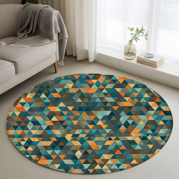 Abstract Art Round Rug 4ft Washable Circle Entryway Rugs Non Slip Geometric Modern Art Orange Teal Area Rug Indoor Floor Carpet for Bedroom Kitchen Living Room Home Office Dining Room Nursery